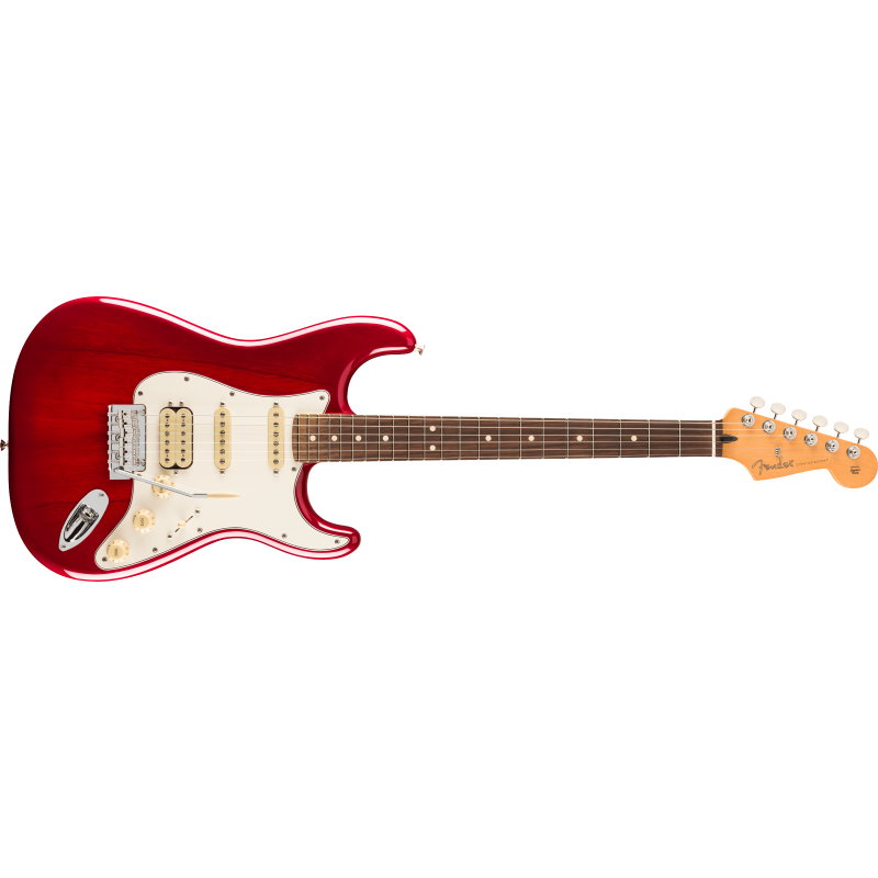 The Fender Player II Stratocaster HSS RW Transparent Cherry Burst combines classic Stratocaster style with modern features. The 