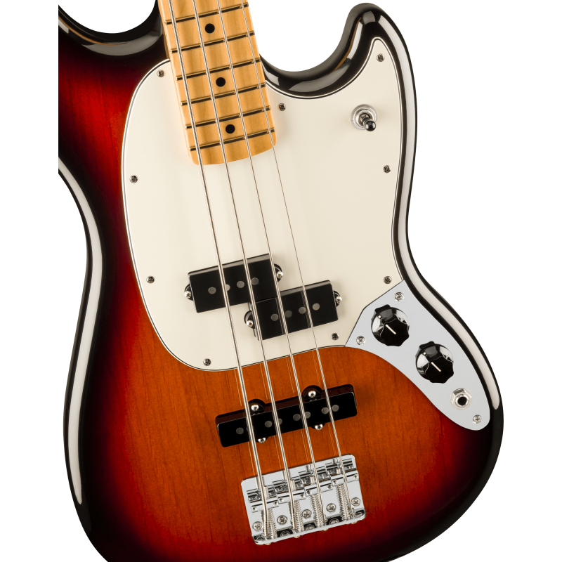 The Fender Player II Mustang Bass MN in 3 Color Sunburst.