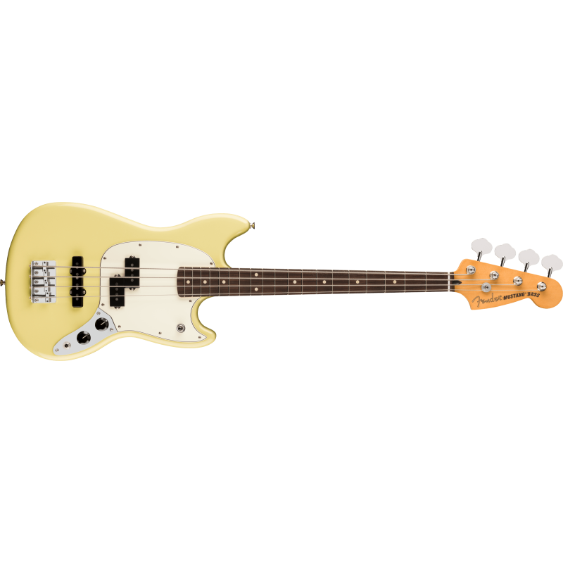 The Fender Player II Mustang Bass RW in Hialeah Yellow is a vibrant and stylish electric bass guitar.