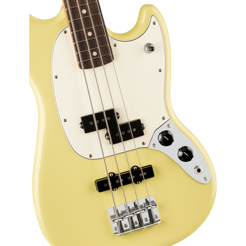 The Fender Player II Mustang Bass RW in Hialeah Yellow is a vibrant and stylish electric bass guitar.