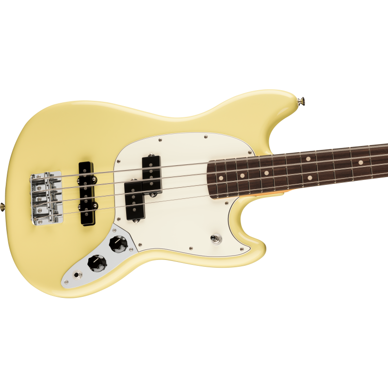 The Fender Player II Mustang Bass RW in Hialeah Yellow is a vibrant and stylish electric bass guitar.