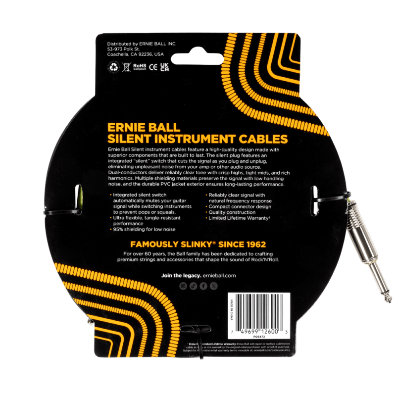 Ernie Ball EB6472 Silent Cable Jack to Jack 3m Black