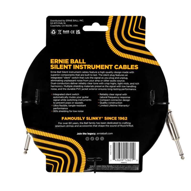 Ernie Ball EB6473 Silent Cable Jack Jack 6m Negro