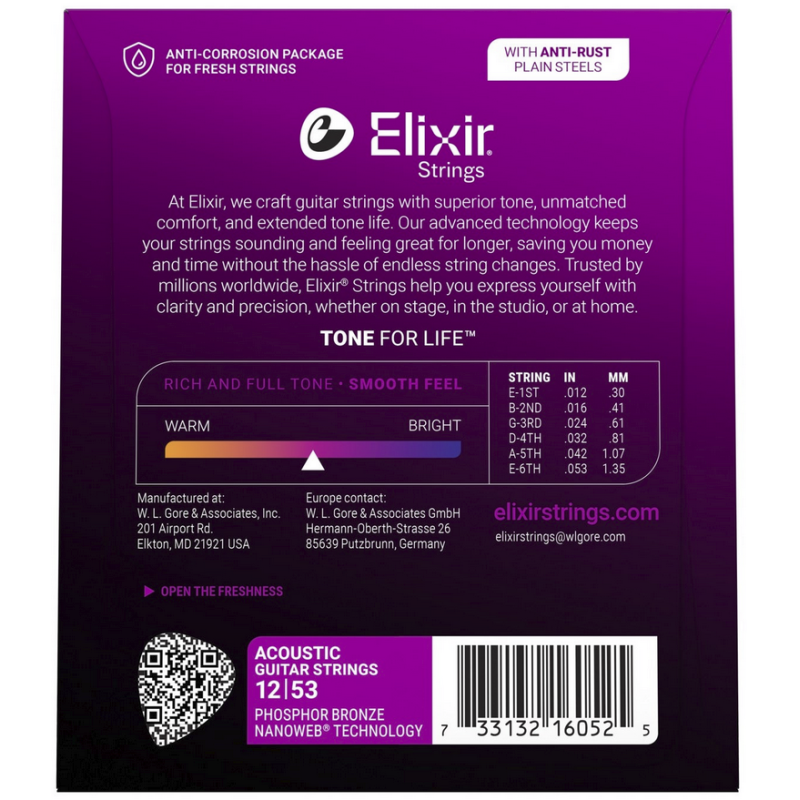 Elixir 16052 Phosphor Bronze 12-53 Acoustic Guitar Strings